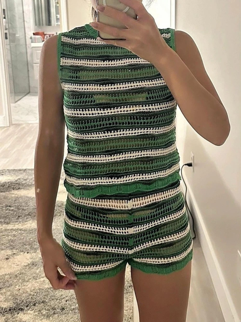 Zara Striped Crochet Knit Top and Shorts Set Striped Knit Tank Top in Green &